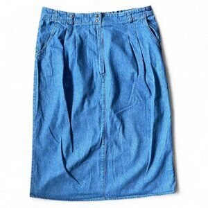 Long Maxi pleated denim skirt with button front and pockets denim